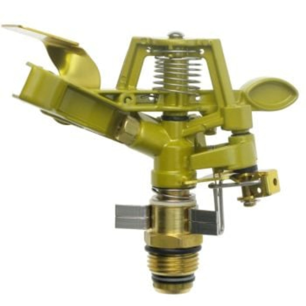 A garden sprinkler head with metal construction, visible spring mechanism, and adjustment lever.
