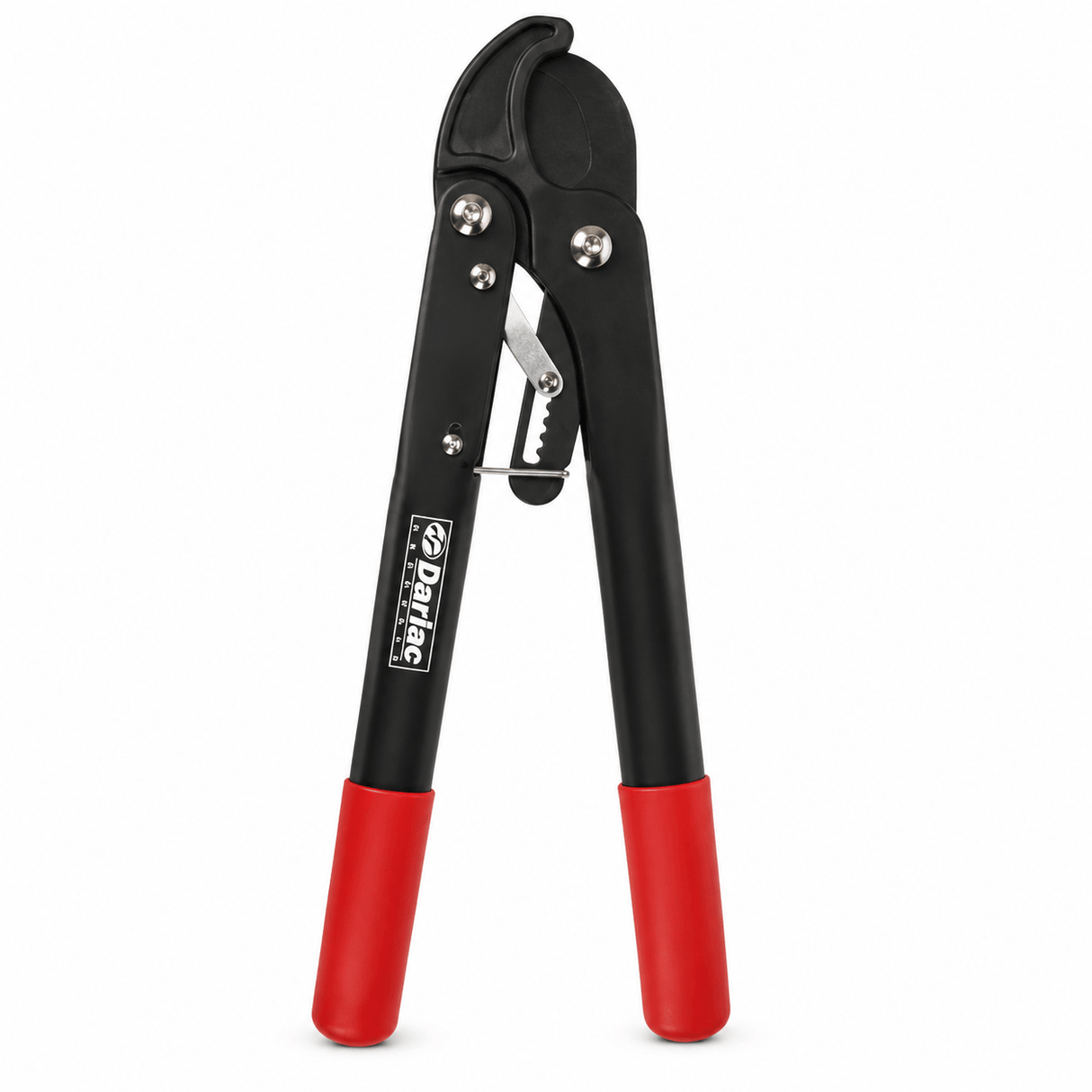 Pair of black and red pruning shears on a white background