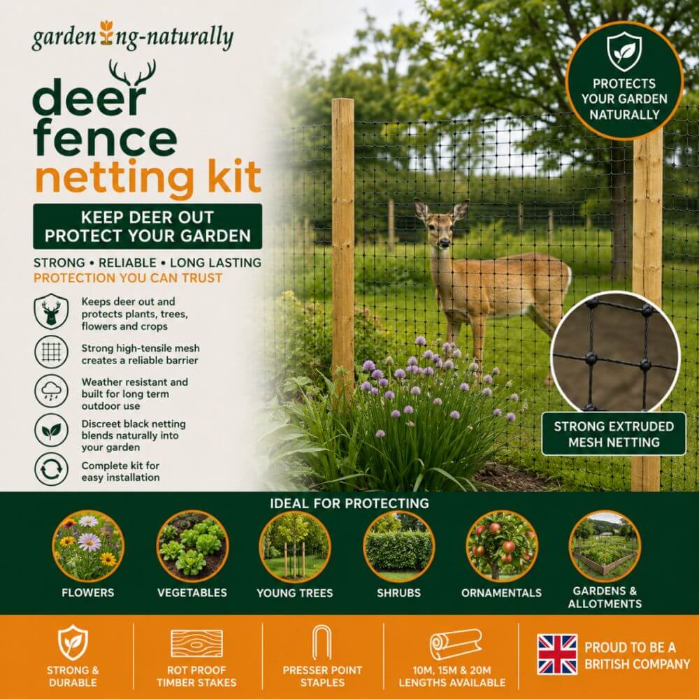 Deer fence netting kit with a deer in the background, featuring text and graphics about the product's benefits.