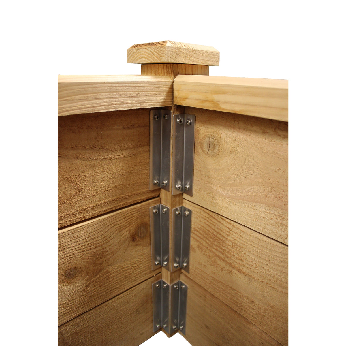 Close-up of a wooden corner post with metal corner brackets and a wooden cap, shown against a plain white background.
