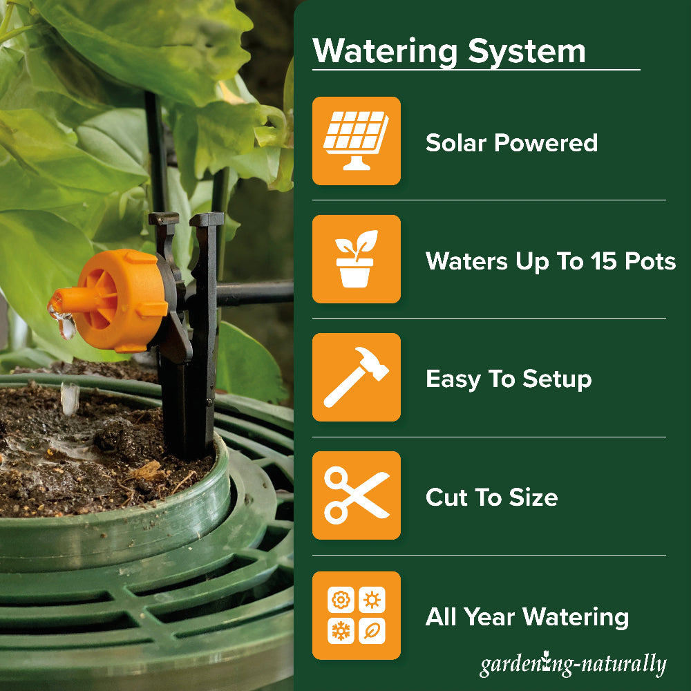 Automatic watering system benefits list with image of growpot and dripper