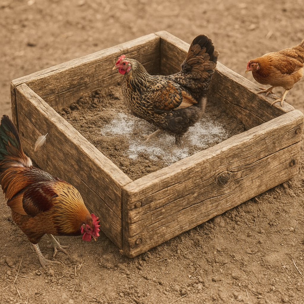 chickens in a wooden bath on a dirt ground with diatomaceous earth