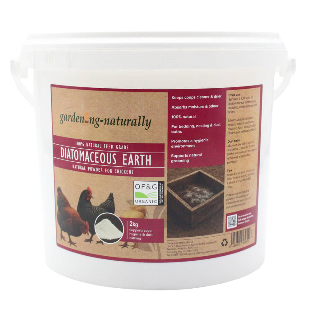 Container of garden.naturally diatomaceous earth for chickens on a white background