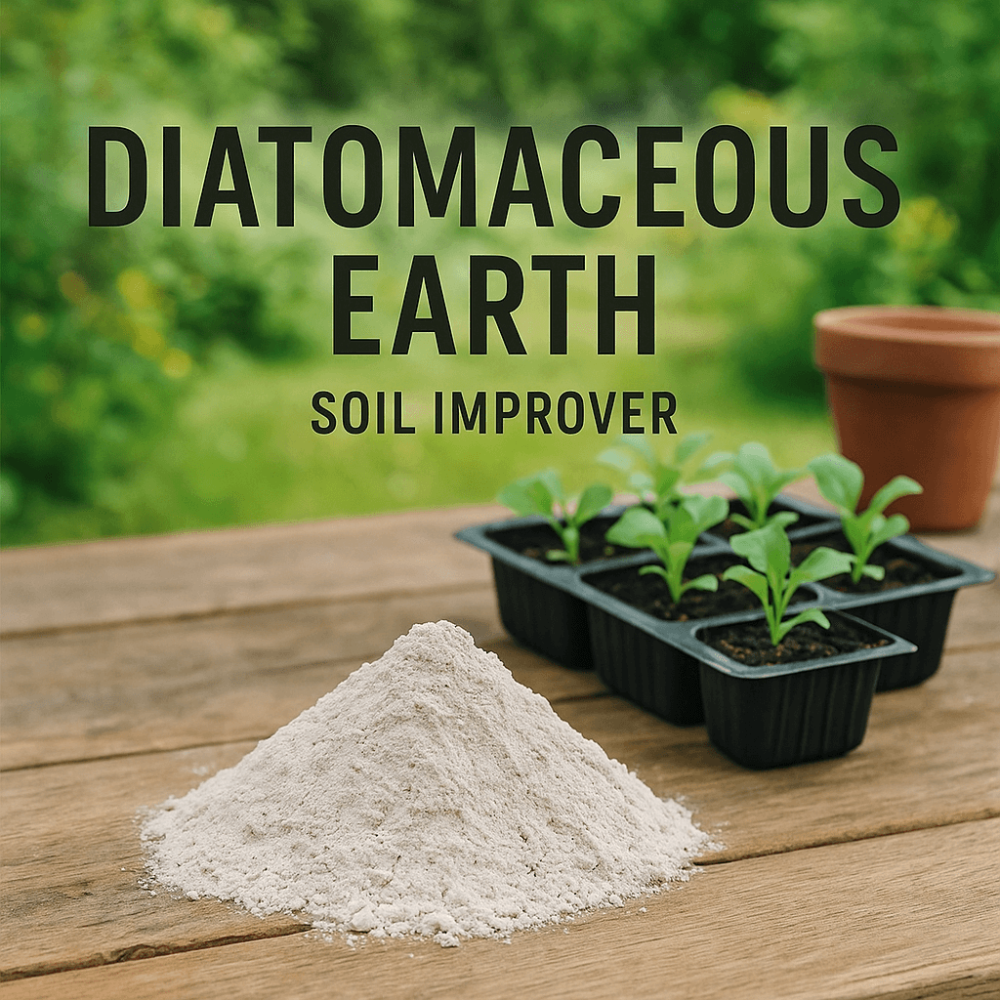 Diatomaceous earth soil improver with potted plants on a wooden surface
