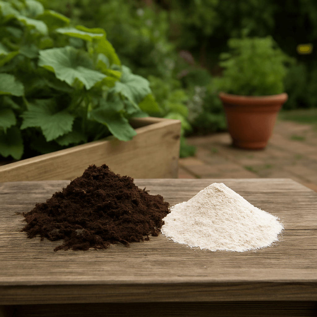diatomaceous earth and compost on a table in garden