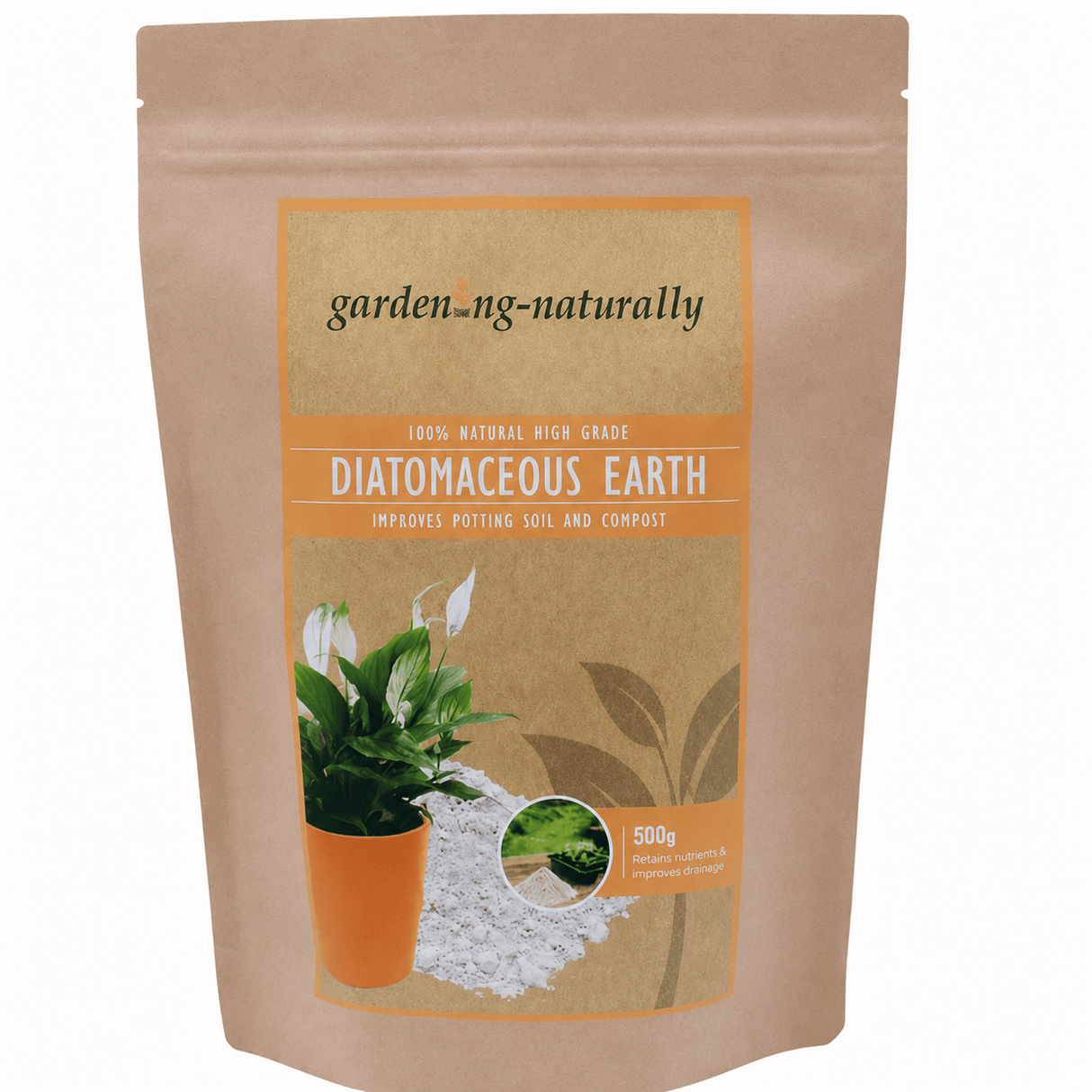 A 500g stand-up pouch of garden-ng-naturally Diatomaceous Earth potting soil and compost improver, shown on a plain white background.