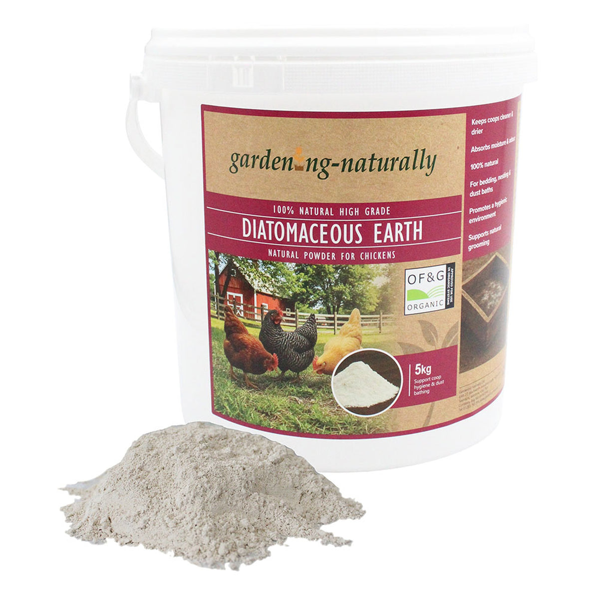 A 5kg white plastic bucket of gardening-naturally Diatomaceous Earth for chickens, shown with a small pile of the light gray powder in front on a white background.