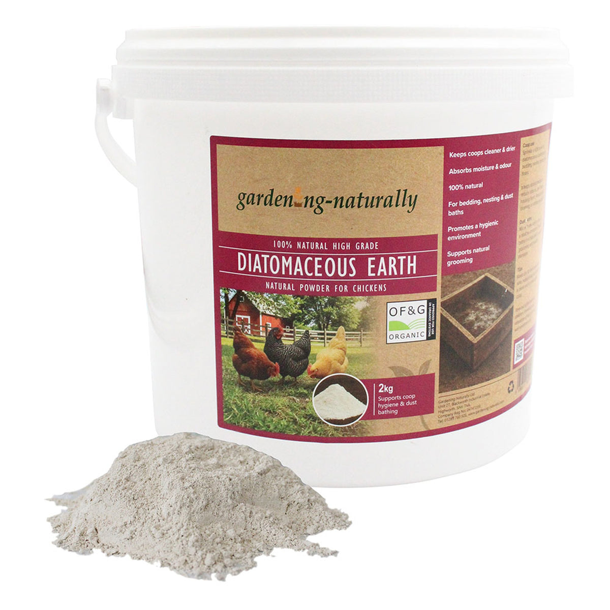 A white plastic bucket of gardening-naturally Diatomaceous Earth for chickens, shown with a small pile of the light gray powder in front on a white background.