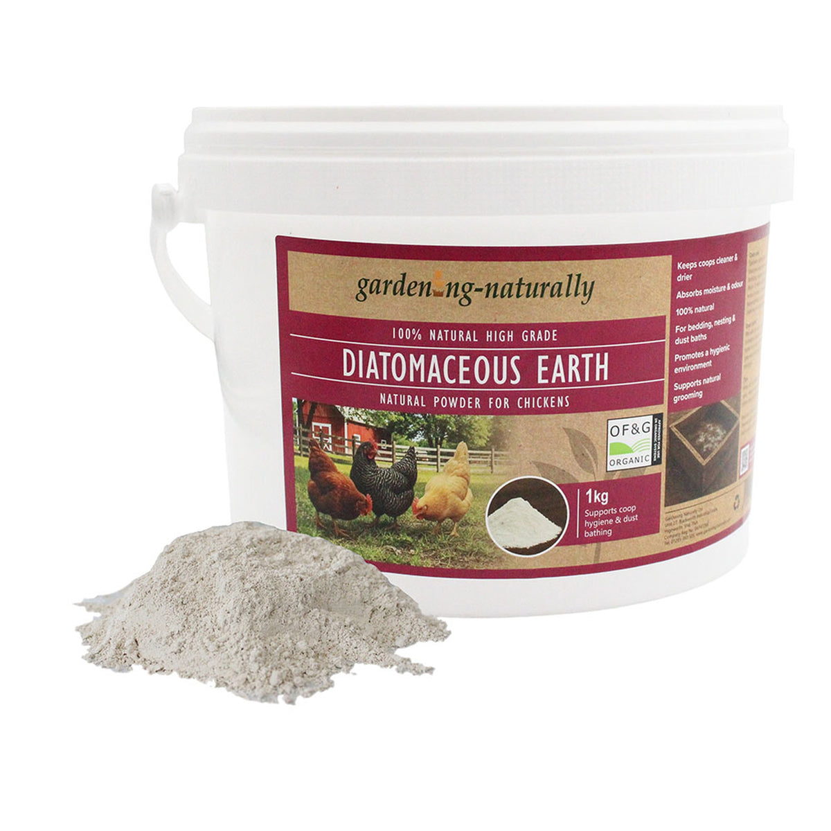 A white plastic tub of gardening-naturally Diatomaceous Earth natural powder for chickens, shown with a small pile of the light gray powder in front on a white background.