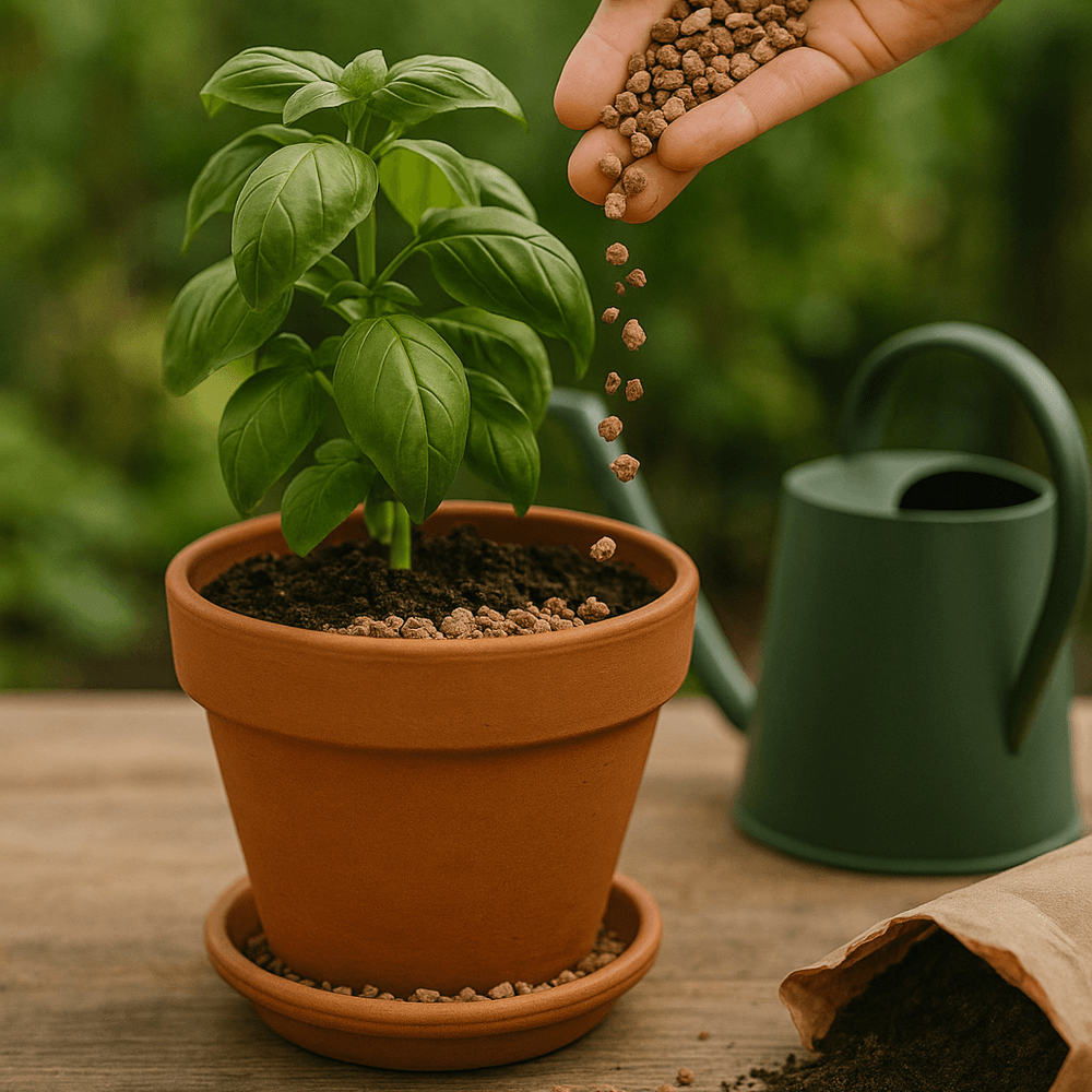 diatomaceous pebbles being placed into a plant pot