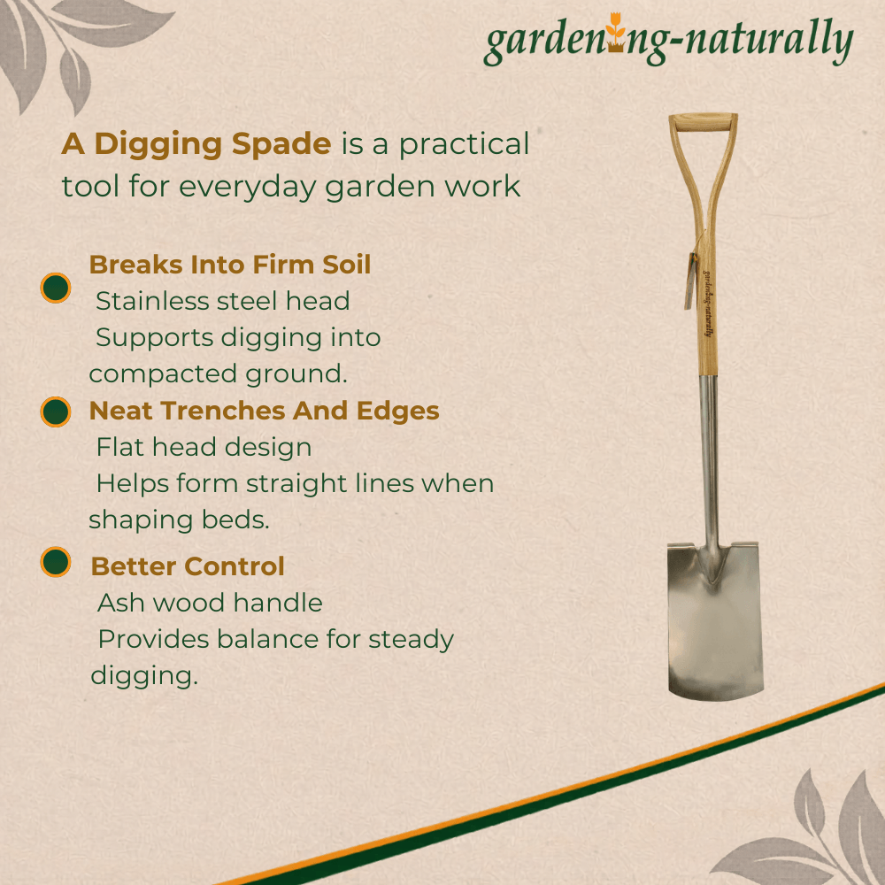 Digging spade with features listed on a beige background, branded 'gardening-naturally'.