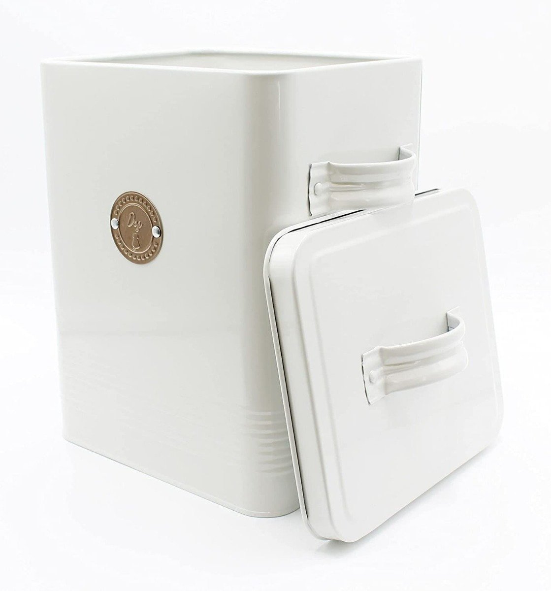 A stylish French grey dog food biscuit tin made from galvanised powder-coated steel with a metal rose gold tag featuring a small dog picture and the text 'Dog'.