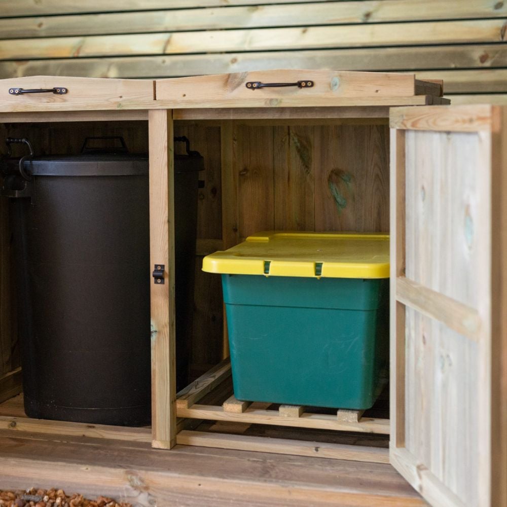Wooden storage cabinet with bins inside