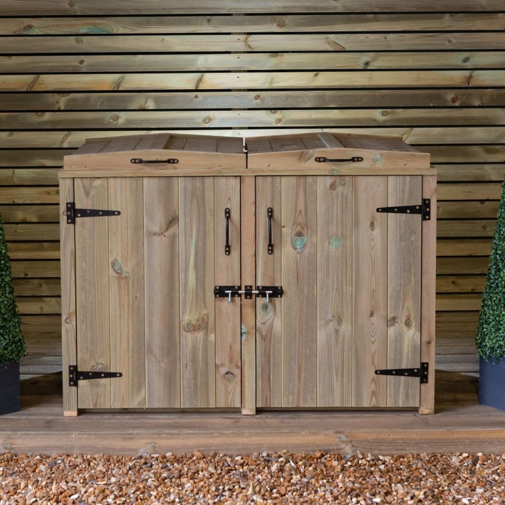 double compartment bin storage with black locks and hinges