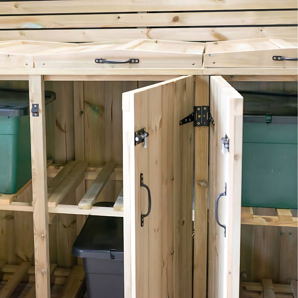 Double unit with swing doors open to show wooden shelving within the boxes