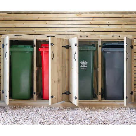 4 wooden wheelie bin storage sheds with open doors showing 4 wheelie bins