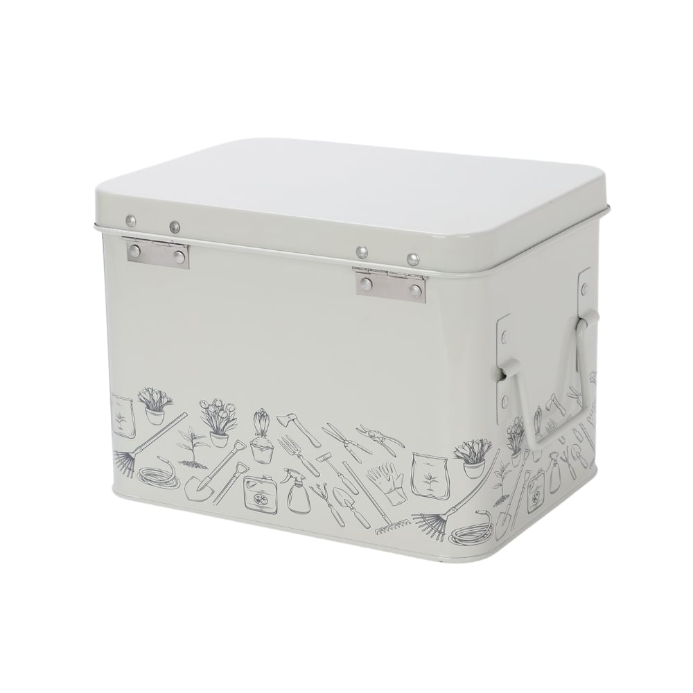 Seed tin with tools on it on white background