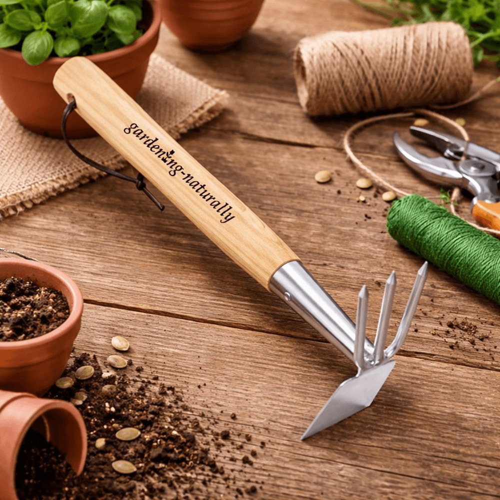 Dual head garden hoe with wooden handle and stainless steel blade and prongs on a potting table for weeding and soil cultivation