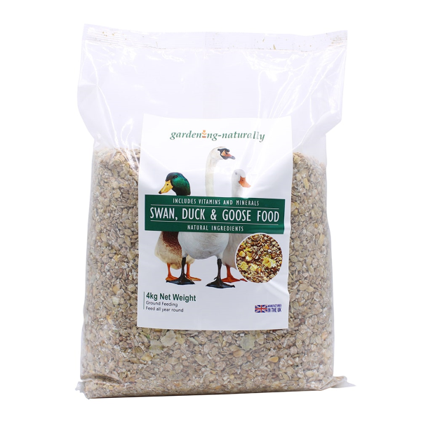A 4kg bag of 'Swan, Duck & Goose Food' by Gardening Naturally, featuring images of a swan, duck, and goose on the label.