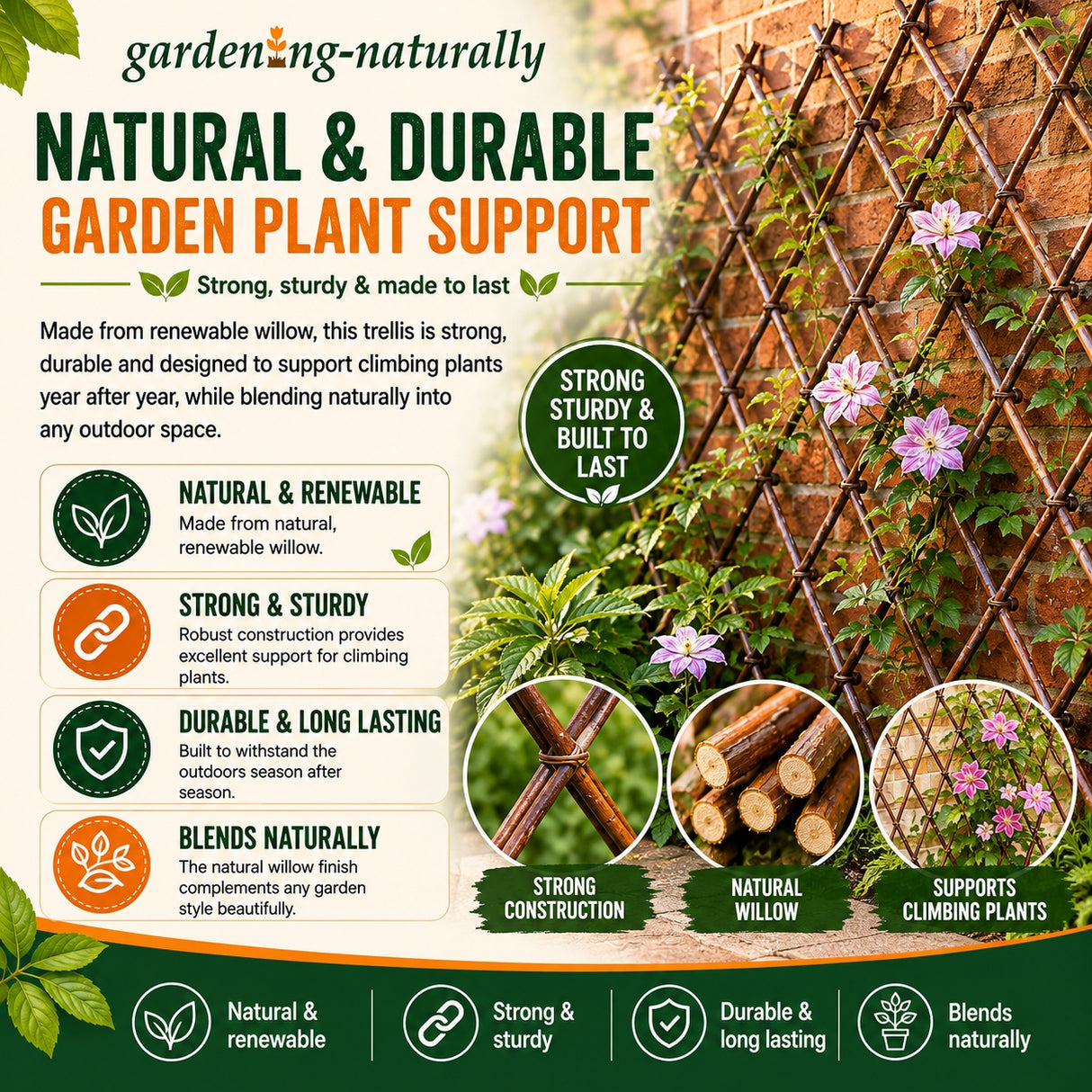 Garden trellis with plants against a brick wall, featuring text about natural and durable garden plant support.