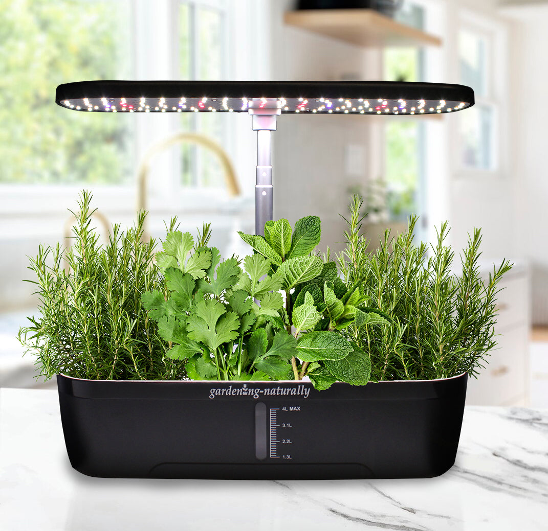 Black LED grow light illuminating a container with green plants on a marble surface.