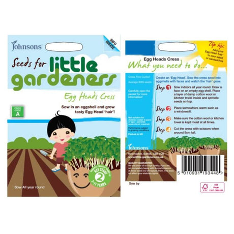Packaging for 'Egg Heads Cress Seeds' by Johnsons, featuring an illustration of a child with eggshell planters and text with growing instructions.