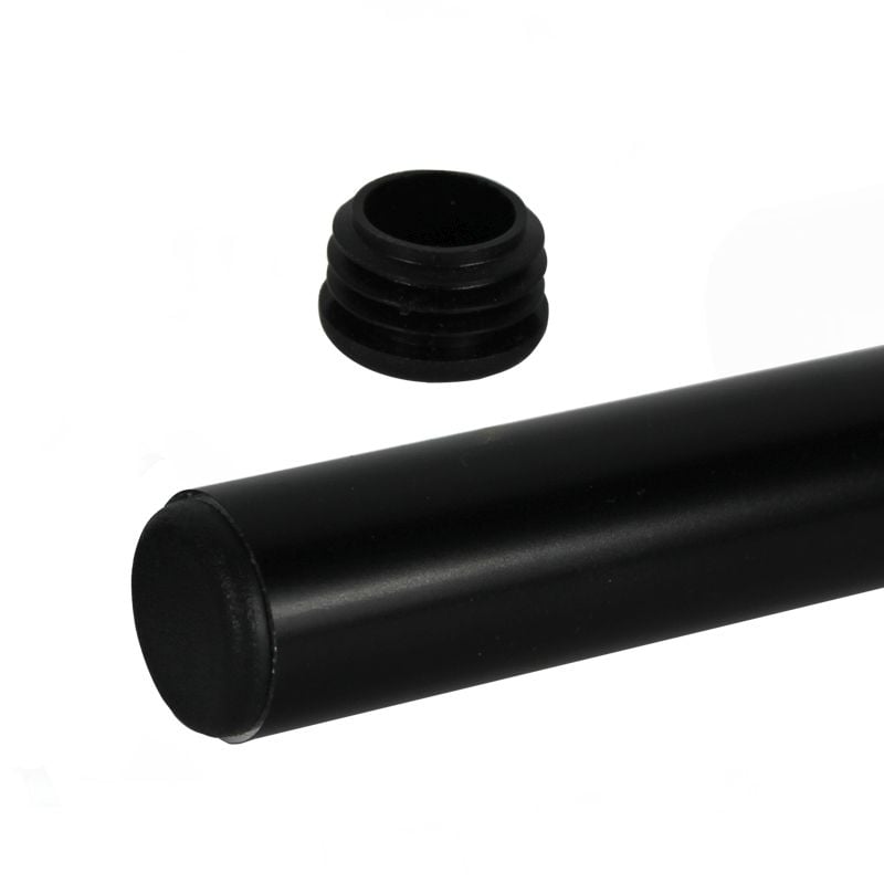 A black end bung designed to prevent water entry into a tube, displayed alongside an exemplar tube.