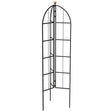 A tall black folding obelisk trellis with a decorative copper effect finish ball on top, designed for supporting climbing plants.