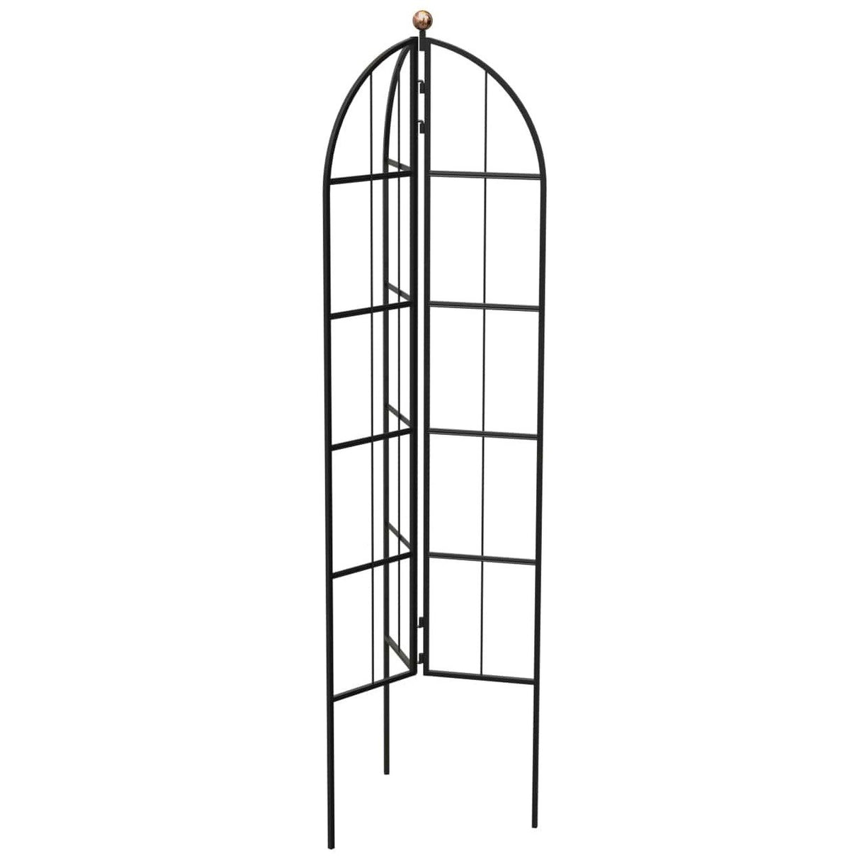 A tall black folding obelisk trellis with a decorative copper effect finish ball on top, designed for supporting climbing plants.