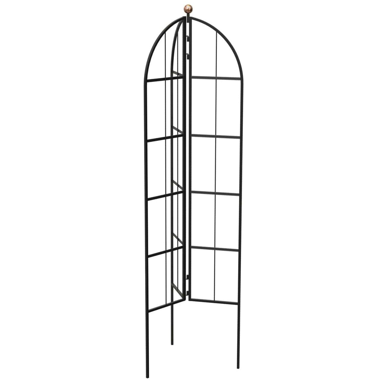 A tall black folding obelisk trellis with a decorative copper effect finish ball on top, designed for supporting climbing plants.