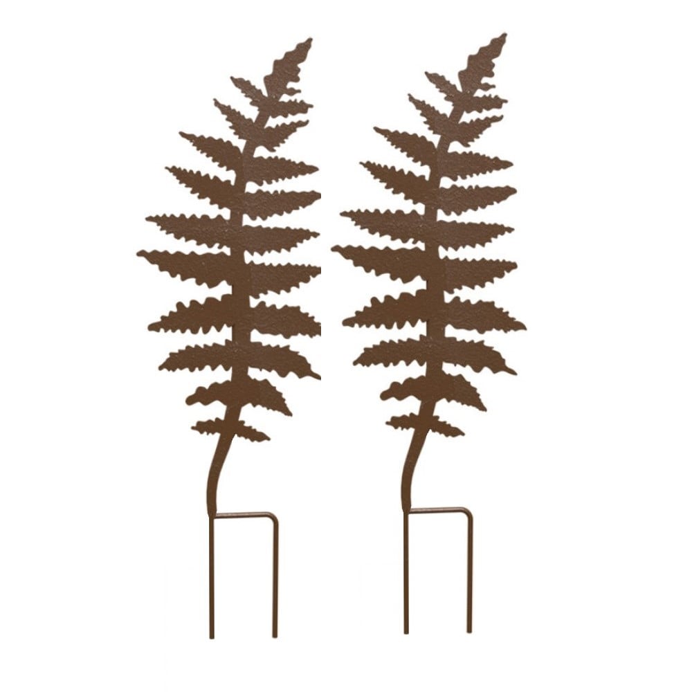 A rust-colored, fern leaf-shaped plant support with a double-legged base.
