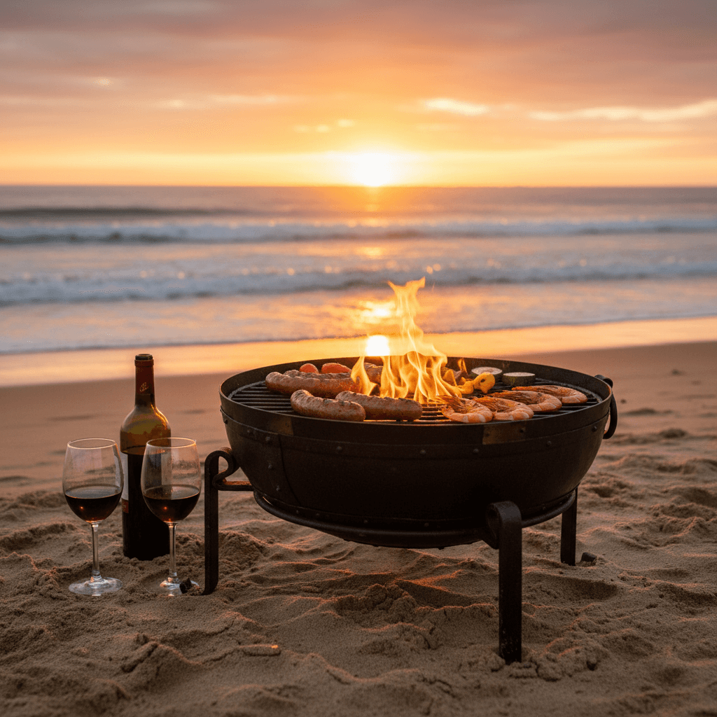 sunset on beach with food on fire bowl on beach
