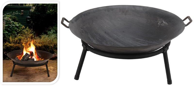 A black cast iron fire bowl with a stand, shown in use with a fire burning inside it, and an inset image of the fire bowl without the stand.