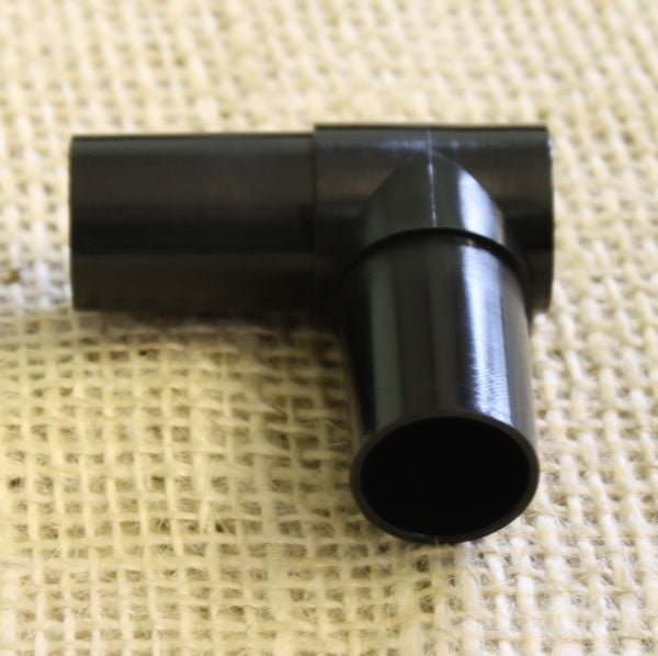 A black door corner joiner designed for 19mm aluminium poles and hoops, typically used in fruit and vegetable cages.