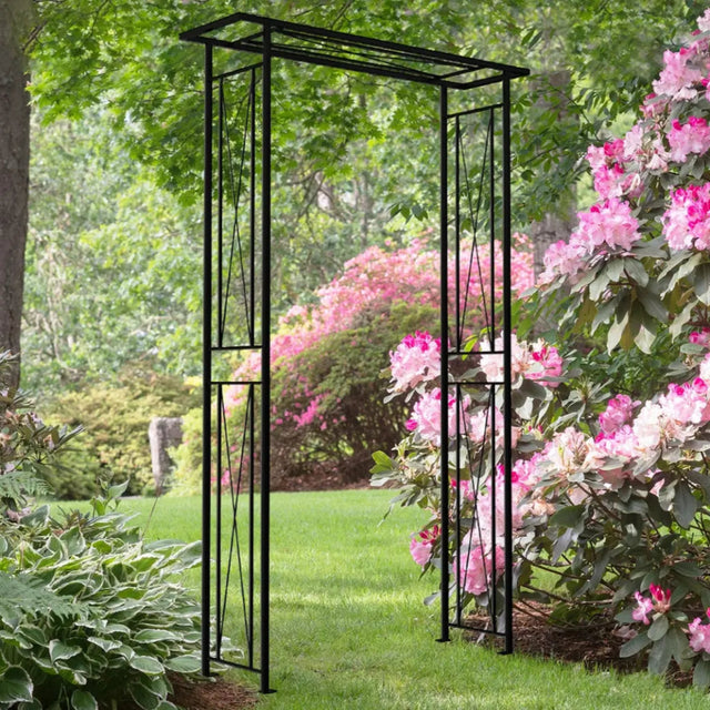 flat top metal arch in garden