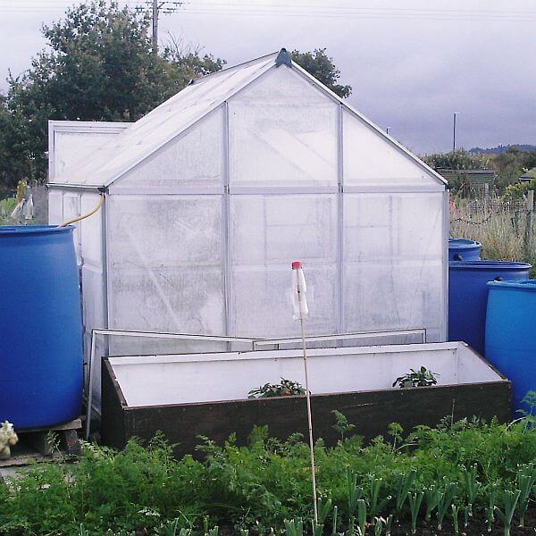 Greenhouse with fleece insulation stood in an allotment with batter butts
