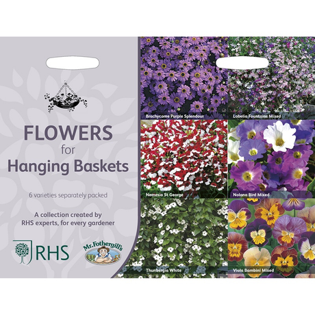 Packaging for RHS Flowers for Hanging Baskets seed collection, showing various flowers that are included.
