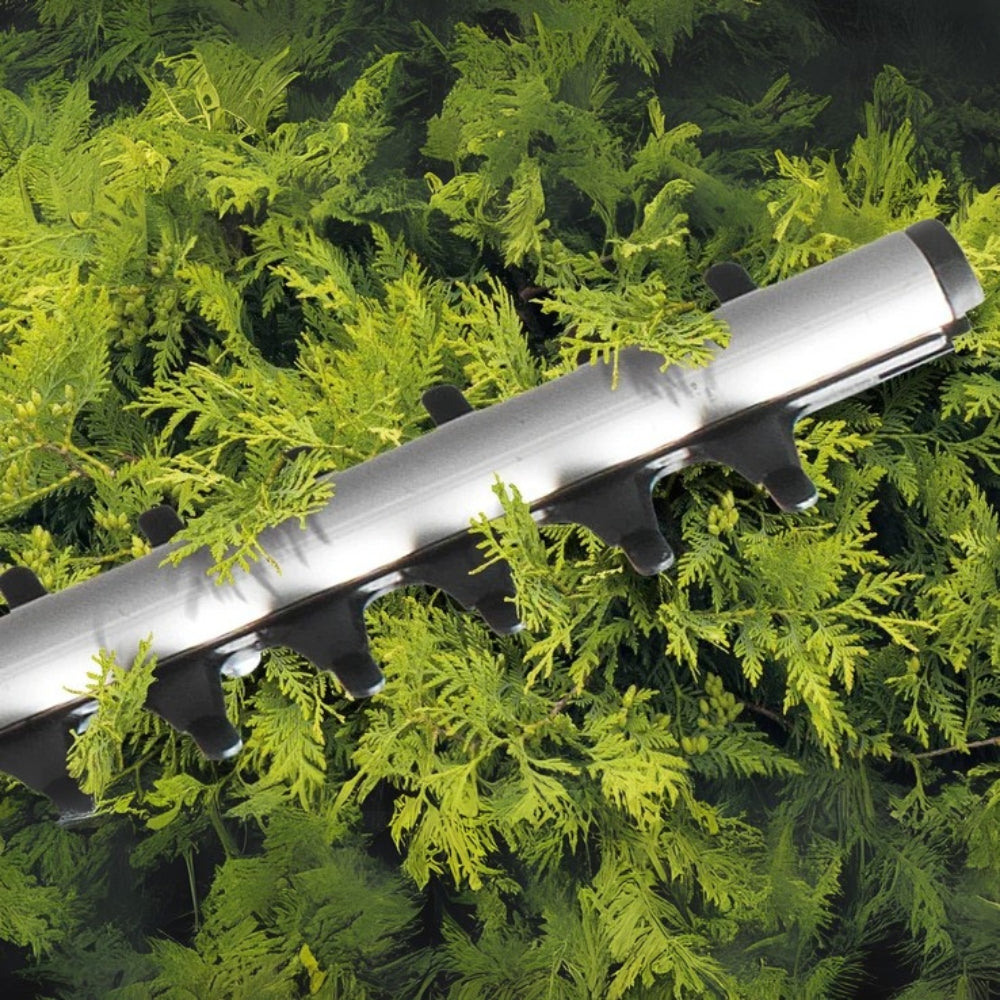 flymo hedge trimmer cutting a hedge