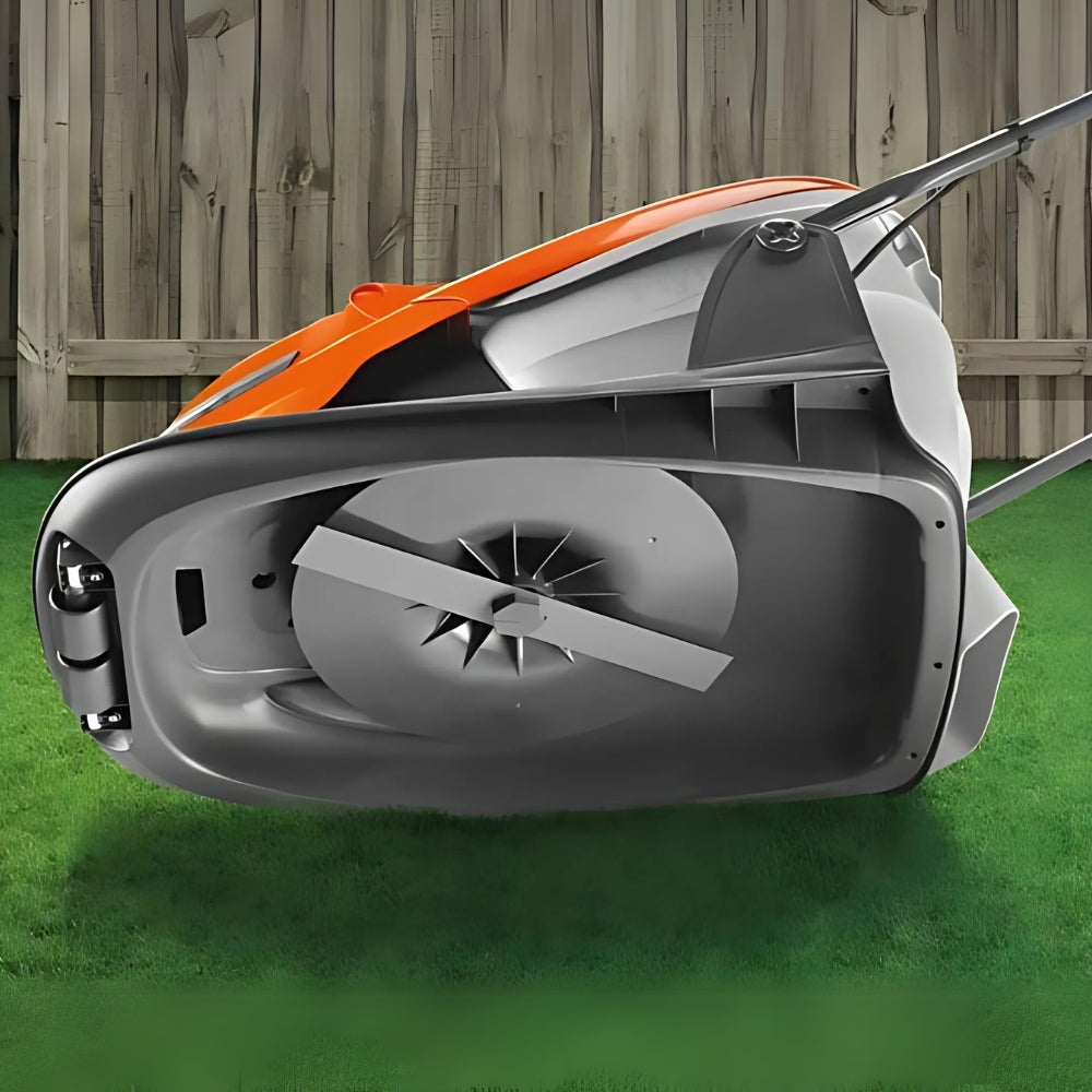 Flymo turned upside down showing cutting blade