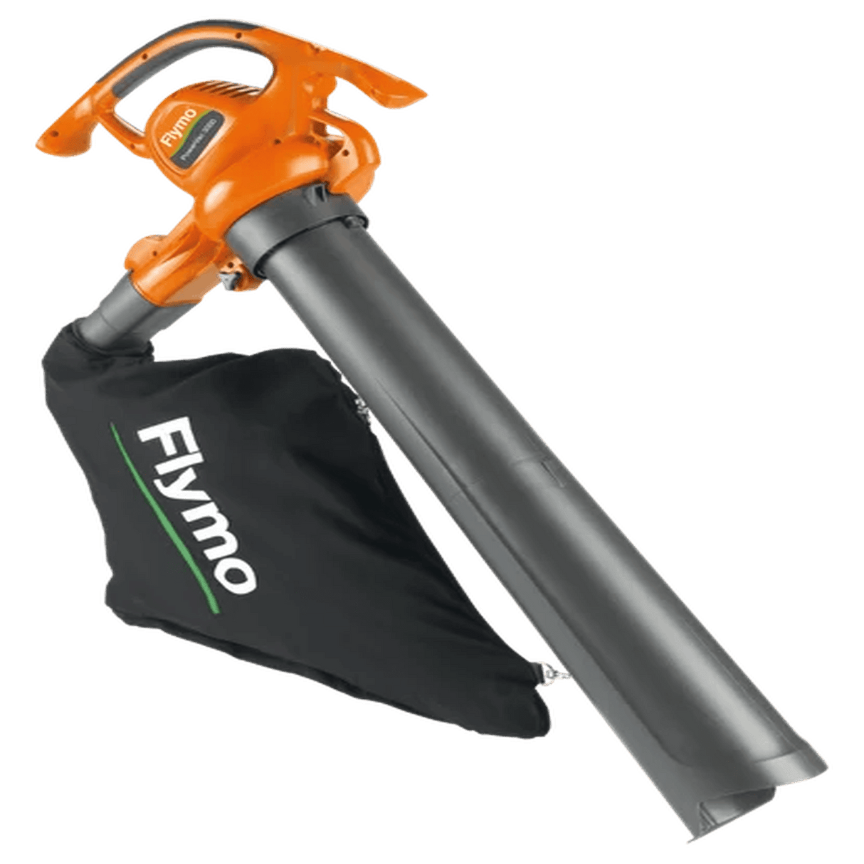 Flymo leaf blower with orange nozzle on a black background