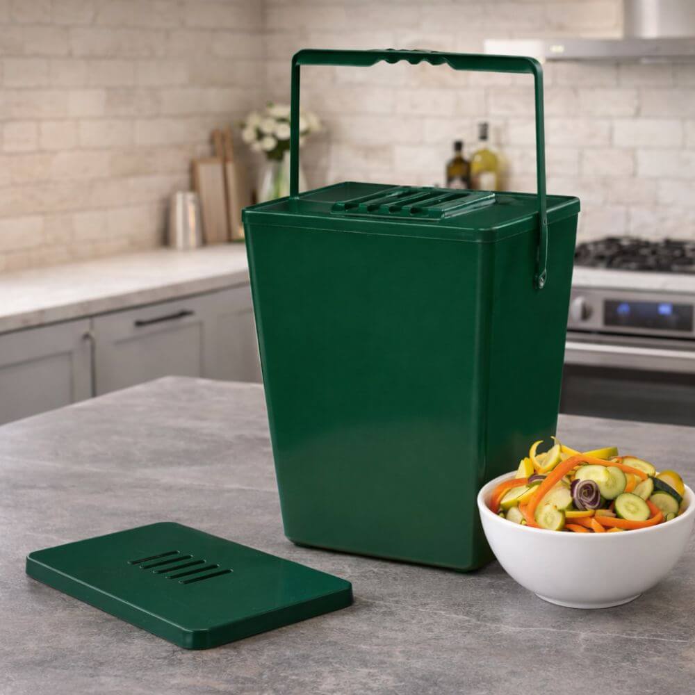 Green compost bin on a kitchen counter with a bowl of food scraps.