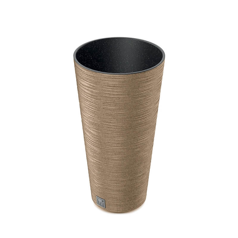 A tall, round, brown-colored plant pot made from recycled materials,