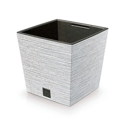 A square, gray and black plant pot made from wood and plastic materials, with a removable insert.