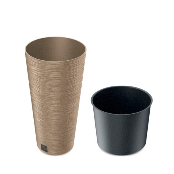 Tall natural coloured plant pot showing smaller insert for the pot
