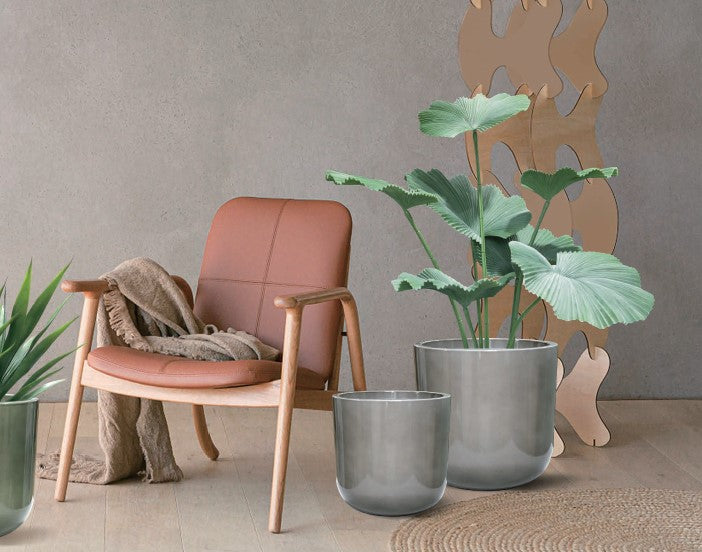 Brown chair with a blanket, surrounded by potted plants in a room setting.