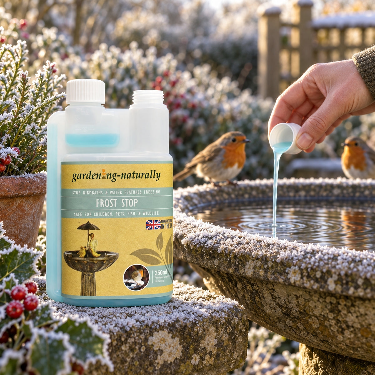 A bottle of gardening naturally Frost Stop is shown outdoors beside a stone birdbath.