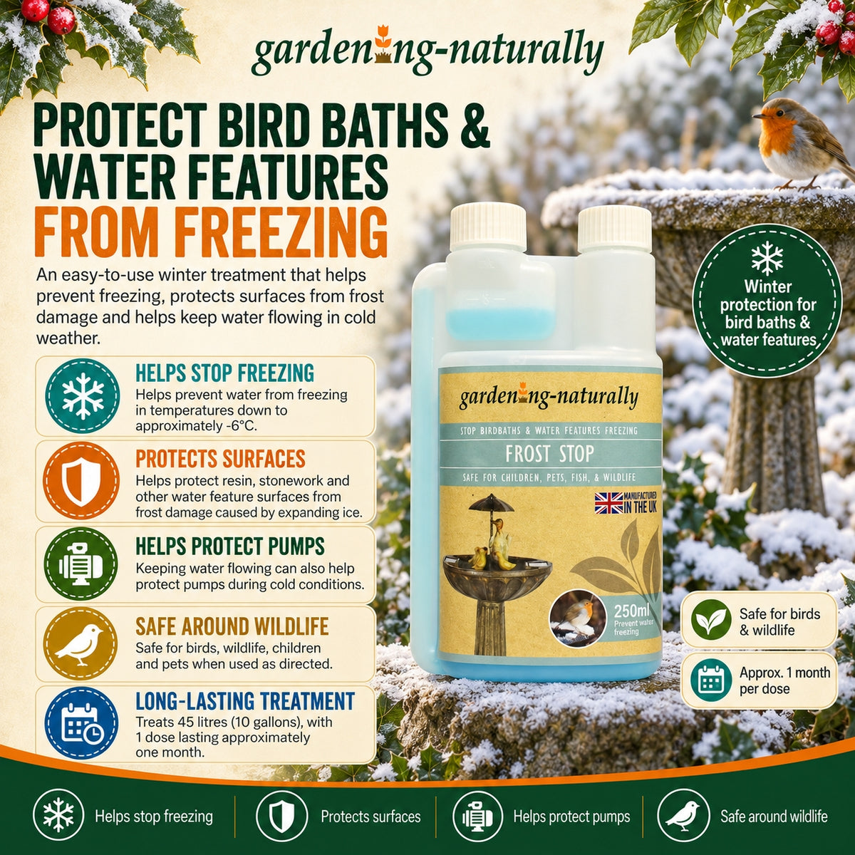 A promotional graphic for gardenng-naturally FROST STOP bird bath and water feature freeze protectant. The image features two white plastic bottles with labels, set against a snowy outdoor background with a bird of prey.