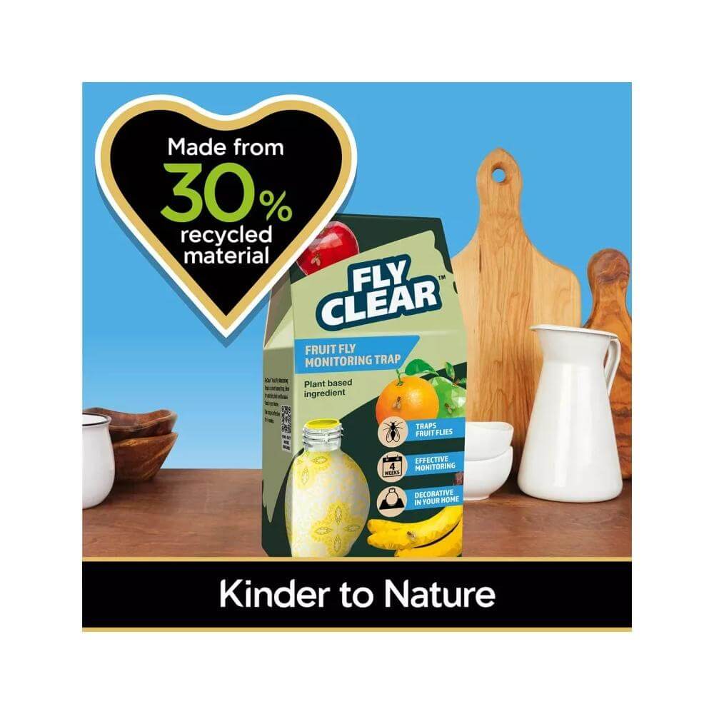 Fly Clear fruit fly monitoring trap packaging on a kitchen counter