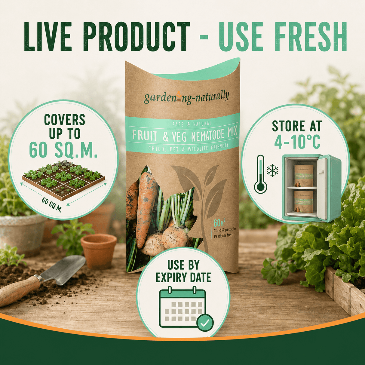 A package of gardening-naturally Fruit & Veg Nematode Mix stands on a wooden surface with gardening props and leafy greens around it. Large text at the top reads 'LIVE PRODUCT - USE FRESH,' with circular callouts stating it covers up to 60 sq.