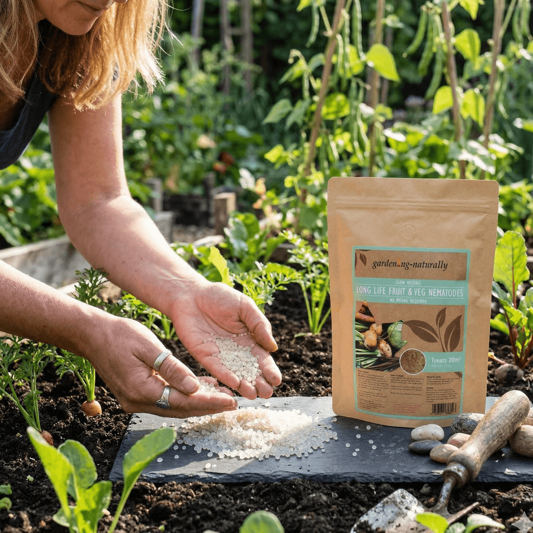 Person in a garden long life nematodes with a package labeled 'Garden Naturally' in the foreground.